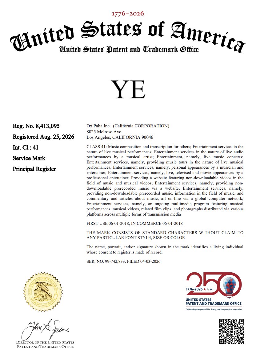 yzycrave's tweet photo. THE TRADEMARK FOR "YE" HAS OFFICIALLY BEEN APPROVED https://t.co/PaOklOGR1l