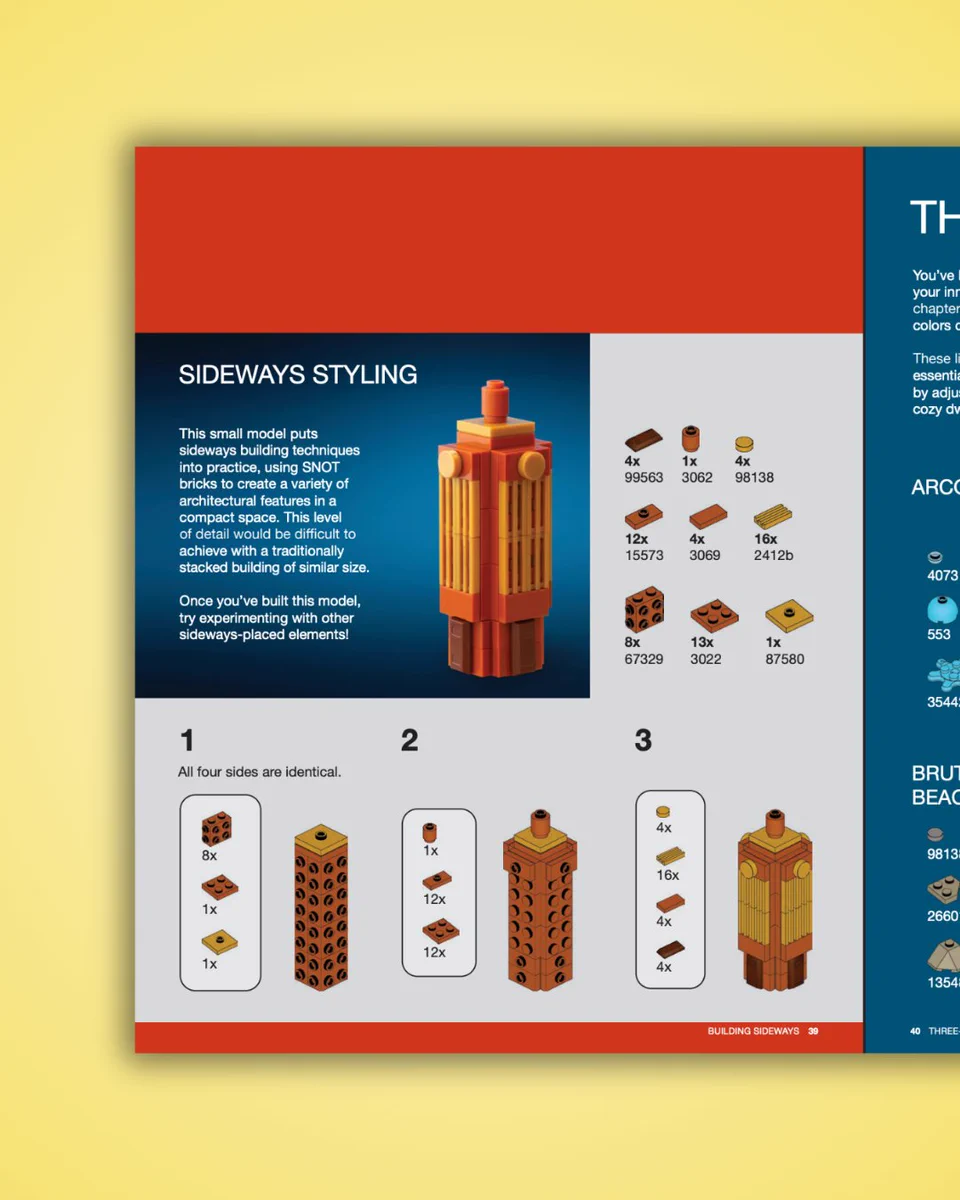 The image shows a page from a LEGO instruction manual. It features a model titled "Sideways Styling" with step-by-step instructions. The left side provides a description of the model and its construction. The right side displays a series of numbered steps, with illustrations of LEGO pieces and quantities needed for each step.