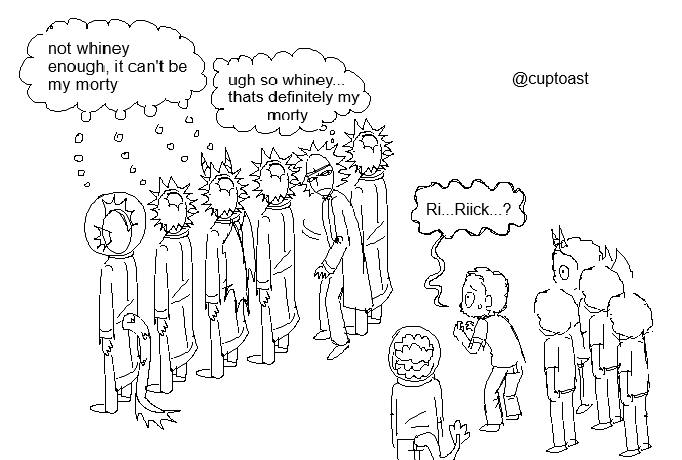 cupTWOst's tweet photo. those videos where parents have to guess if their kid is calling them just based off their voice but its ricks doing it with their mortys and they can always tell which morty is theirs from the smallest differences... https://t.co/AuXngHunaK