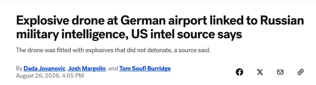Multipolar_RPT's tweet photo. 🇺🇸🇩🇪🇷🇺⚡️ — U.S. intelligence reportedly links explosive drone found near Ukrainian cargo aircraft in Leipzig to GRU methods

▪️ U.S. intelligence assesses that the explosive drone discovered near a Ukrainian cargo aircraft at Leipzig Airport on August 4 had characteristics typical of devices used by Russia’s GRU military intelligence, ABC News reports.

▪️ A U.S. intelligence source told ABC News that both the explosives and the design of the device resembled methods commonly associated with the GRU.

▪️ The assessment was reportedly made in coordination with German security and intelligence agencies.

▪️ The drone, fitted with explosives and a detonator, was discovered after it failed to explode.

▪️ Russia denies any involvement.

📲 Stay updated via our Telegram channel — link in bio.

#Russia #Germany #Ukraine