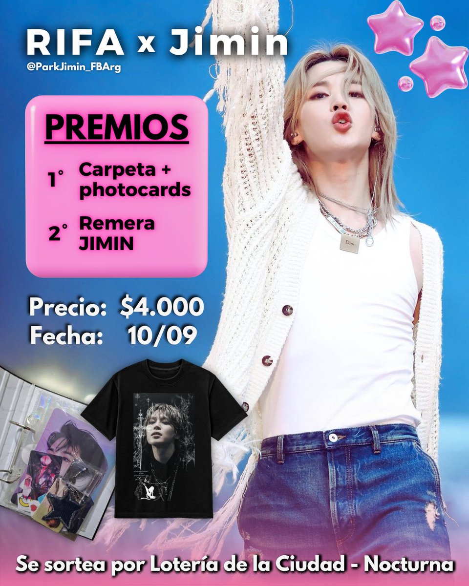 ParkJimin_FBArg's tweet photo. 🇦🇷|RIFA × #JIMIN
Nos estamos preparando para recibir a Jimin✨
️
ARRANCAMOS CON UNA RIFA!
Premios:
⭐️1-carpeta c/ folios + photocards de Jimin
⭐️2-remera de Jimin

• Precio: $4.000
• Sorteo: 10/09
Se sortea por Lotería de la Ciudad-Nocturna

Esperamos contar con ustedes!
#지민 https://t.co/k0Ua5O64It