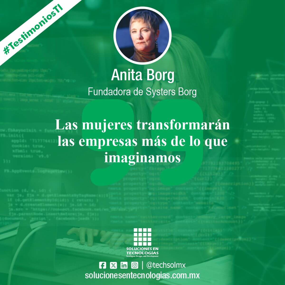 techsolmx's tweet photo. «Las mujeres transformarán las empresas más de lo que imaginamos». Anita Borg, Fundadora de Systems Borg. Ver más: https://t.co/ofHj3WNKpf

Síguenos en Facebook | Twitter | LinkedIn | Instagram: @techsolmx

#SomosSoluciones #TestimoniosTI #AnitaBorg #SystemsBorg #Tecnologías #TIC https://t.co/9tZaQsjDDi