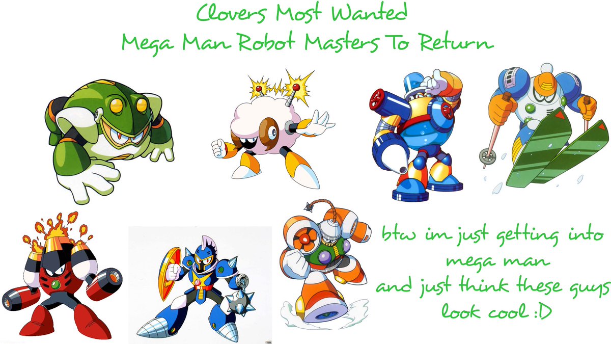 CloverGaming83's tweet photo. as a person new to the #megaman Series heres my most wanted robot masters to come back (With only seeing them) #MegaManDualOverride https://t.co/3Che4NUTtK