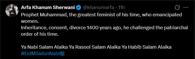Schandillia's tweet photo. This is how the greatest feminist of his time “emancipated” women:

1. Codified exclusive polygyny for men.
2. Right to divorce unilaterally exclusively for men.
3. 2 daughters = 1 son in inheritance.
4. 2 women = 1 man in testimonies.
5. Veiling no longer optional or gender-neutral.
6. “A nation led by a woman will never succeed.” ~ Bukhari 7099

Eid Mubarak, Arfa.