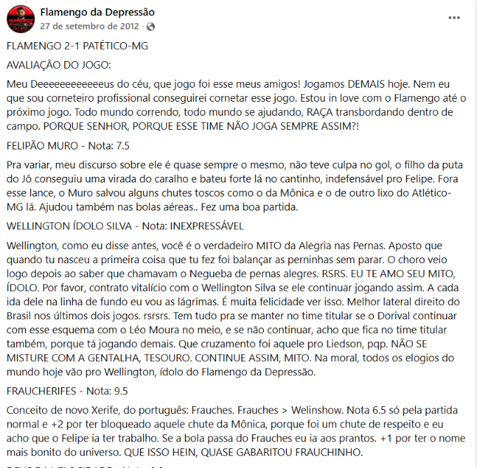 LS811922's tweet photo. Quem lembra da avaliação sarrante que o Fla da depressão postava no facebook?

Era rotina terminar o jogo e ficar esperando a avaliação sair 🤣 https://t.co/MMrJgvgXdC