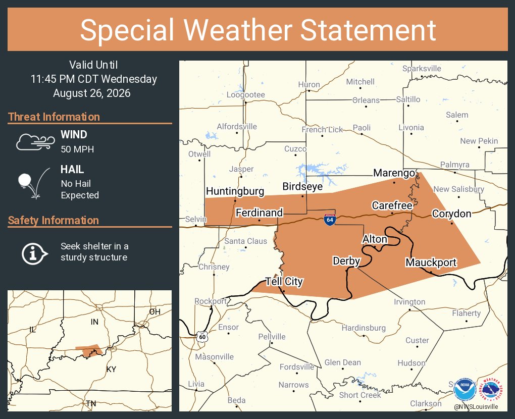 NWSLouisville's tweet photo. A special weather statement has been issued for Tell City IN, Huntingburg IN and  Corydon IN until 11:45 PM CDT https://t.co/Ktrxt1yfRS