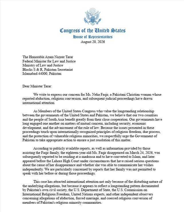 MattooShashank's tweet photo. NEW: 11 US Congressmen write to Pakistan expressing concern about 18-year Neha Faqir, a Pakistani Christian woman who was reportedly abducted and forced to convert to Islam https://t.co/xed6vGjoO9