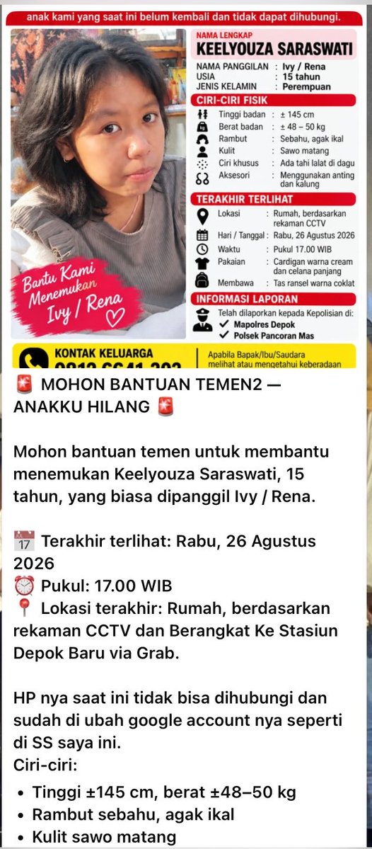 imasenku's tweet photo. Aku tahu akunku adalah aku kecil. Aku mau share INFO ORANG HILANG. Terakhir terlihat di st. Depok Baru. Bagi yang melihat segera hubungi nomor tertera. Terima kasih.

Tolong bantu share juga ya. https://t.co/igRjPCcLyc
