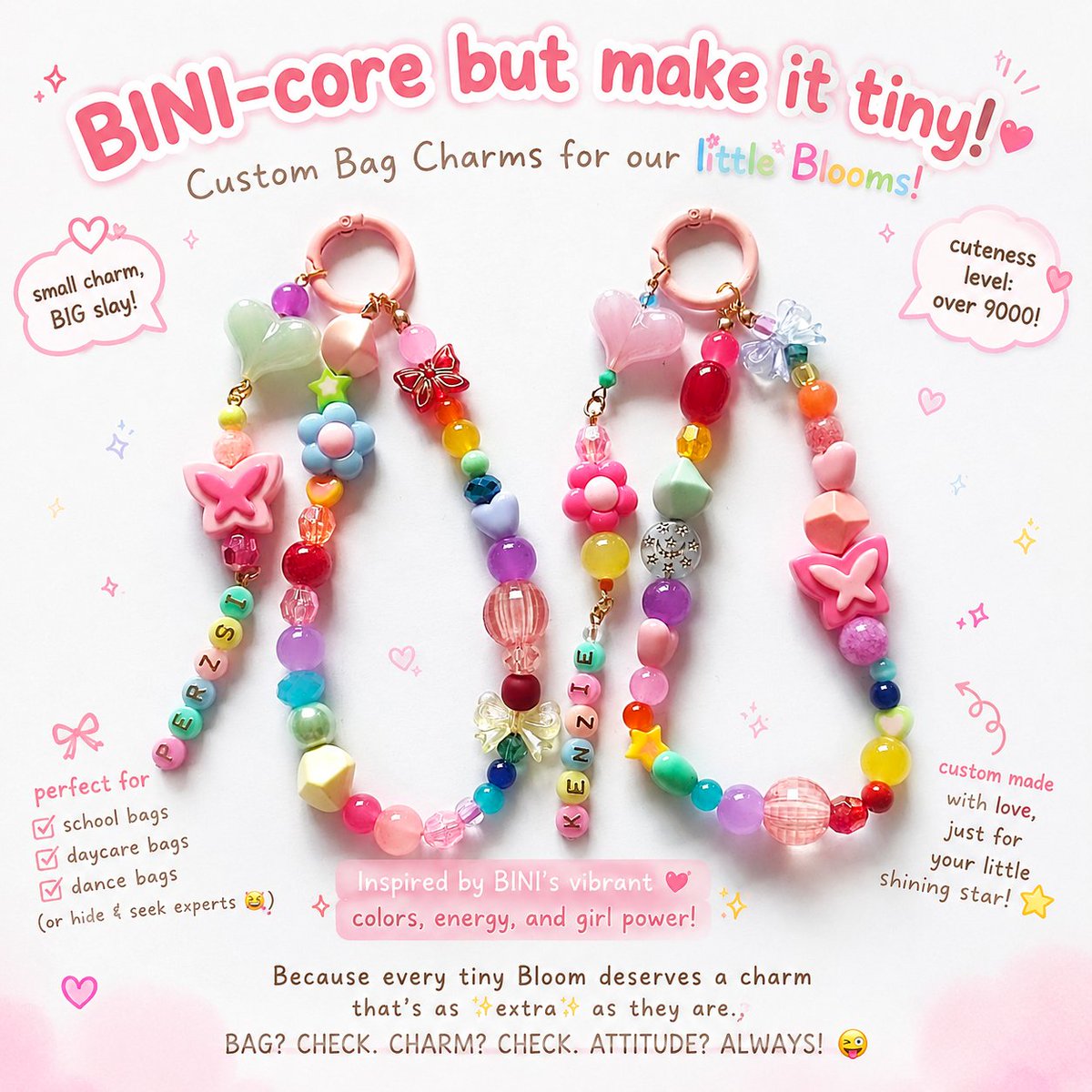 TheFunPart_'s tweet photo. BINI-core but make it tiny! 
These custom bag charms for our little Blossoms are bursting w/ fun colors, cute charms, &amp;big personality—perfect for school bags, daycare bags, or any bag that needs a little extra kikay energy! 
#bagcharms  #bini #BINIph #bloom #blooms #bloomsph https://t.co/J7AVn0Fgjq