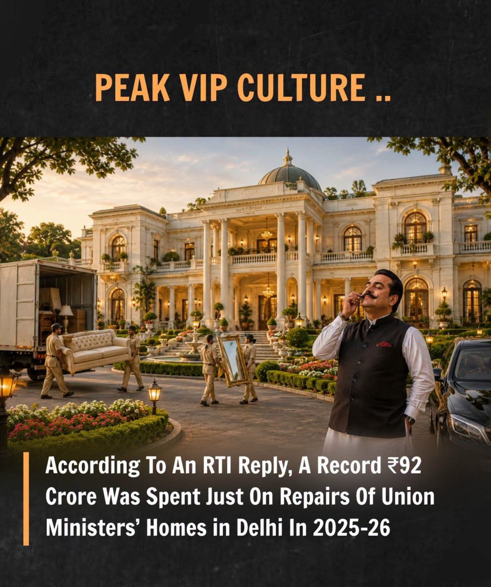 DesiLord_'s tweet photo. Huge amount of 92 crores were spent on repairing homes of Union Ministers in Delhi. 🤯

We pay taxes with our hard-earned money, while these clowns enjoy their VIP culture. 🤡 https://t.co/oqv7SuowEC