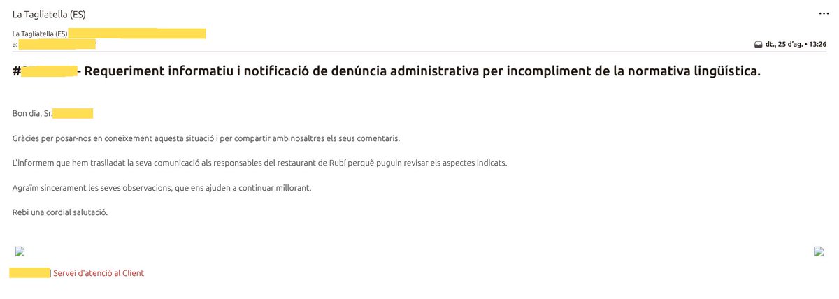 miqu3lm0la's tweet photo. Demano col·laboració: Si veus qualsevol altre restaurant de La Tagliatella a Catalunya amb la retolació o la carta únicament en castellà:

Fes una foto i envia-me-la per privat o respon a aquest tuit indicant població i carrer. #AccióPelCatalà https://t.co/wgQIRnwmc8