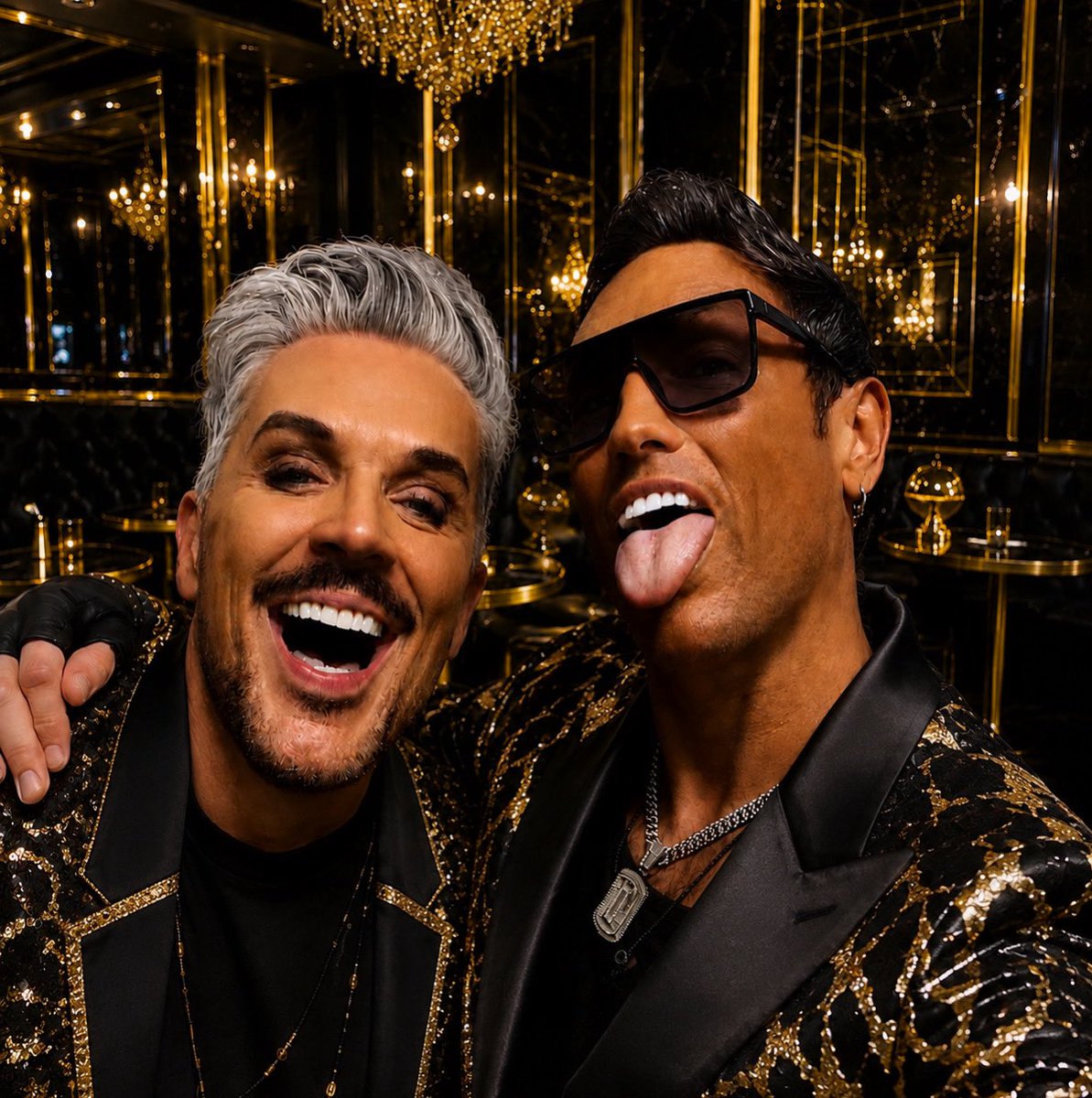 NikkMager's tweet photo. Me and my fizzy brother rocking the ‘Black n Gold’ #thefizz #bucksfizz #blackandgold https://t.co/6bdmFecszI