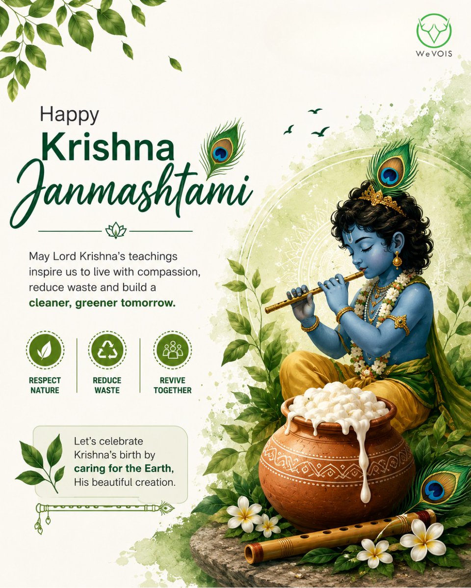 WeVOISLabs's tweet photo. ✨ This Krishna Janmashtami, let’s celebrate the divine message of love, compassion and harmony by caring for the Earth.
#HappyJanmashtami #Janmashtami #Sustainability #GoGreen #ReduceWaste #CleanIndia #WeVOIS https://t.co/vyLj3KFdiz