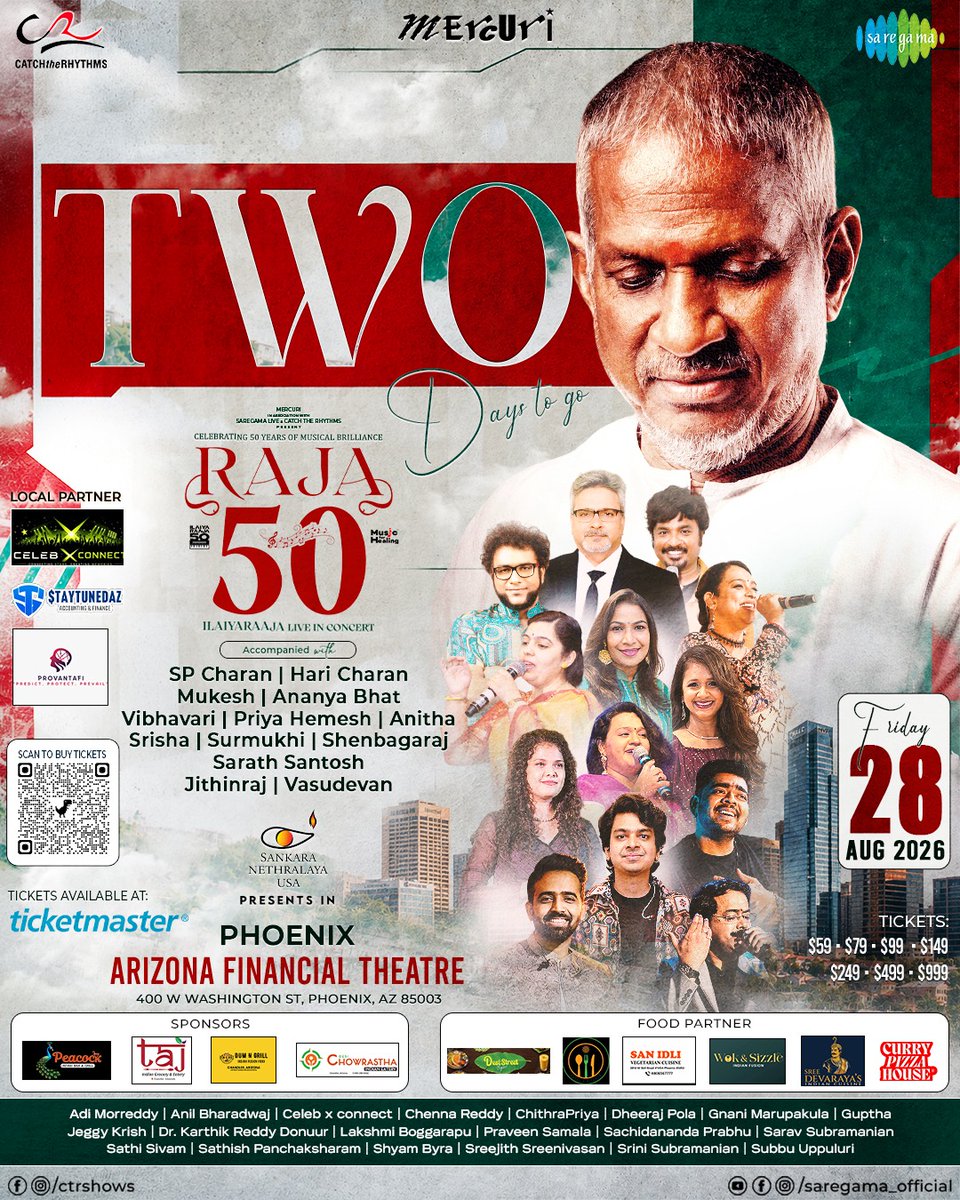 CtrShows's tweet photo. 🔥🎶 ONLY 2 DAYS TO GO, PHOENIX! 🎶🔥

✨ 50 YEARS OF ILAIYARAAJA’S TIMELESS MUSIC ✨

🔗 Book Your Tickets Now: https://t.co/VSinmvlvM5

📅 Friday, August 28, 2026
🕡 8:00 PM onwards
📍 Arizona Financial Theatre
📌 400 W Washington St, Phoenix, AZ 85003 https://t.co/As3mIXSE66