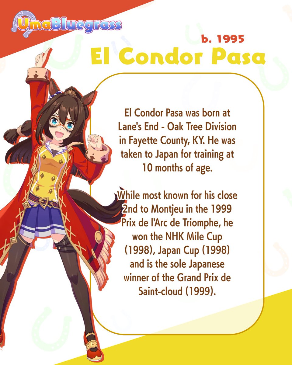 UmaBluegrass's tweet photo. This week's Kentucky Umamusume is El Condor Pasa ❤️💛

#umamusume #umamusumeprettyderby #kentucky https://t.co/gjlq9cVPjm