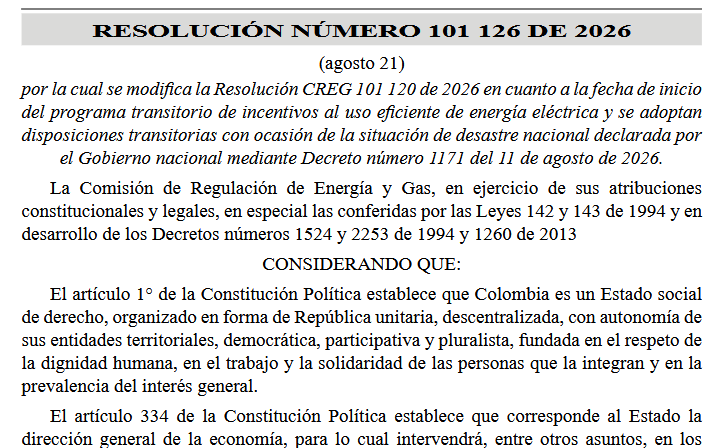 NormatividadCEL's tweet photo. RESOLUCIÓN 101 126/2026. Modifica Resolución CREG 101 120 de 2026 en cuanto a la fecha de inicio del programa transitorio de incentivos al uso eficiente de energía eléctrica y se adoptan disposiciones transitorias. https://t.co/yI2HR5wm1e