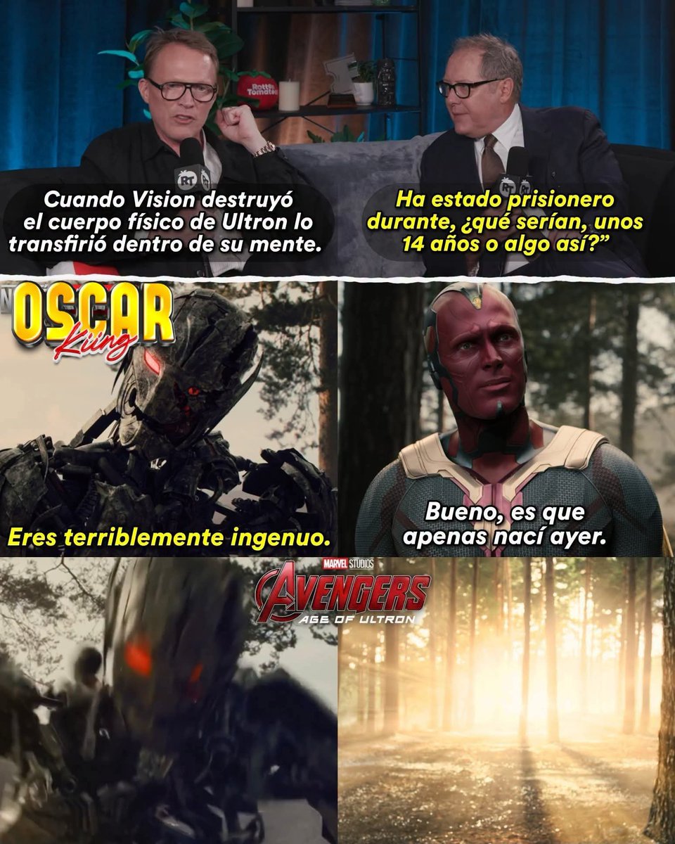 oscar_kiing110's tweet photo. ¡ULTRON NUNCA M*RIÓ!😱 en #AgeOfUltron
#JamesSpader confirma en entrevista por #VisionQuest: #Ultron lleva 14 AÑOS encerrado en la mente de Vision desde #EradeUltron
#Vision destruyó su cuerpo... pero transfirió su conciencia dentro de él.
#AvengersDoomsday #AvengersEndgame https://t.co/IJ0kd0IHIJ