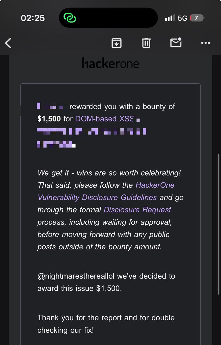 Nightmaresrea's tweet photo. Got 1500 Dollar for Dom XSS 😝 #fy #viral #xss #dom #reflected #whitehat #bug #bugbounty #hackerone @Hacker0x01 https://t.co/Nrf3z2C2Ki