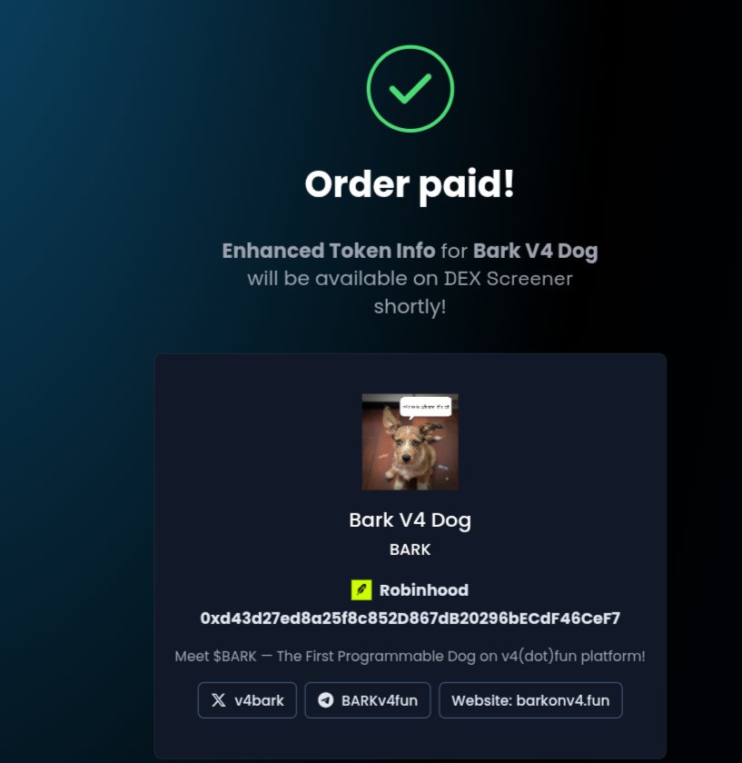 v4bark's tweet photo. Dex has been paid 😁 lets show everyone the BARK community is the real deal led by Dottie!! The first dog that was executed as a programmable v4 on v4fun platform!

CA - 0xd43d27ed8a25f8c852d867db20296becdf46cef7

@canopyfinance @v4dotfun https://t.co/zVxvGc7laF