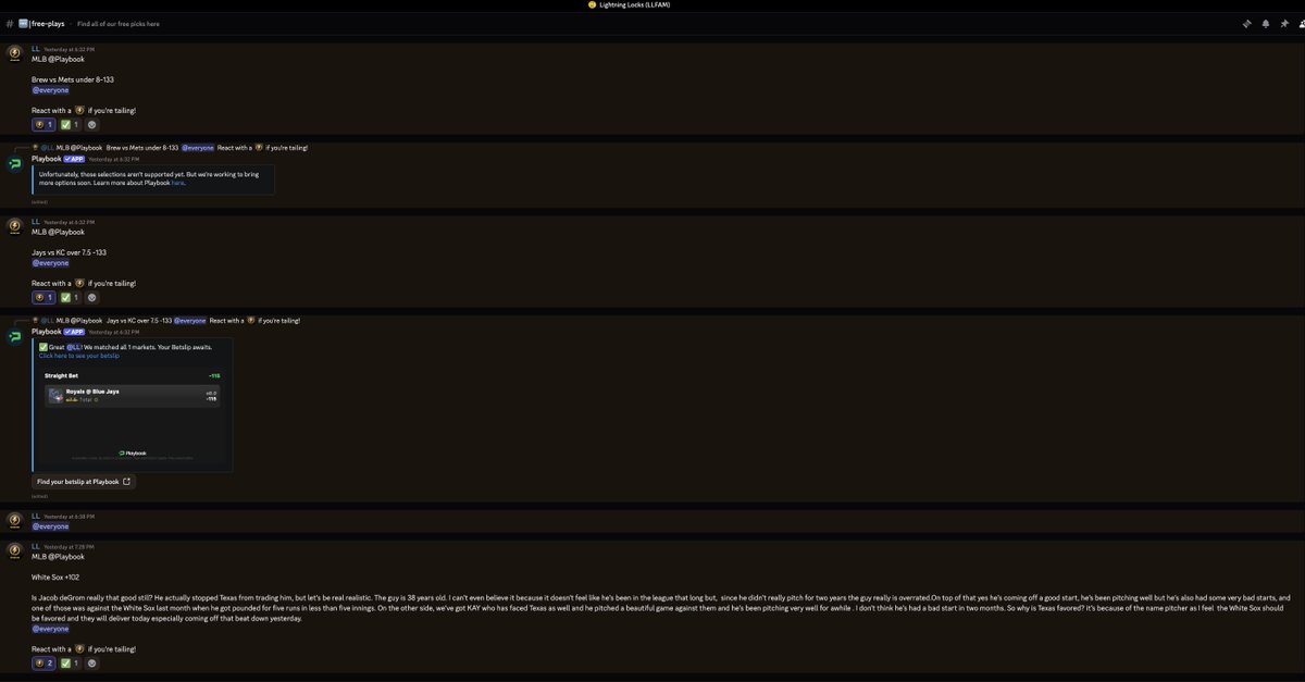 LightningLockz's tweet photo. ✅⚾️Brew vs Mets under 8-133
✅⚾️Jays vs KC over 7.5 -133
✅⚾️White Sox +102
✅⚾️Reds ML +106
✅⚾️Padres ML -132

5-0 (100%) L5 LLFAM FREE DISCORD PLAYS 🔥🔥🔥

JOIN VIA LINK BELOW ⤵️

🔗 https://t.co/bMNFysMD0M https://t.co/HAXX9dpGnk