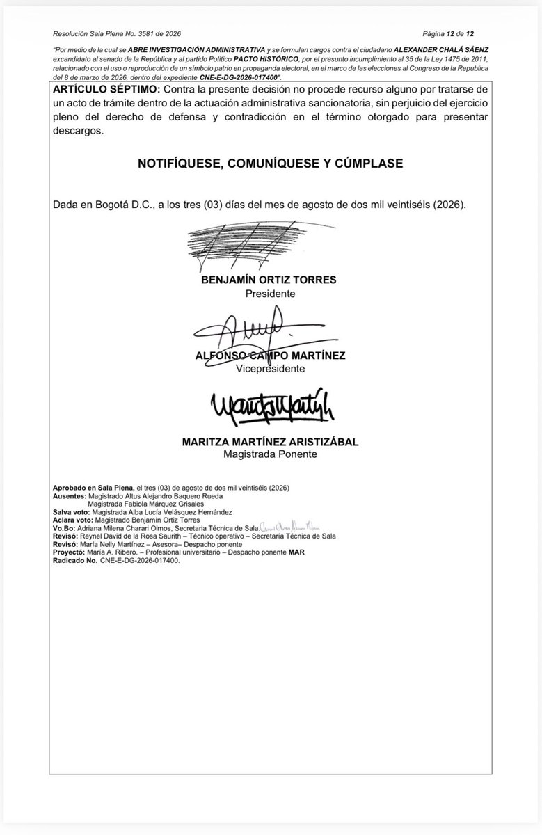 SARGENTOCHALA's tweet photo. El CNE formula cargos contra mi candidatura al Senado por presunto uso de símbolos patrios.
 
Lo que faltaba: que el Consejo Nacional Electoral (@CNE_COLOMBIA) abriera una investigación administrativa en mi contra y formulara cargos por una denuncia anónima por el presunto incumplimiento del artículo 35 de la Ley 1475 de 2011, relacionado con el uso o reproducción de un símbolo patrio en propaganda electoral, en el marco de las elecciones al Congreso de la República del 8 de marzo de 2026, como candidato al Senado por el @PactoCol.

Aunque la denuncia inicial apuntaba al uso del uniforme militar en campaña, el CNE aclaró que este no es un símbolo patrio; sin embargo, formuló cargos por la presunta inclusión de la Bandera de Colombia en propaganda electoral.

Esto constituye claramente una represalia y una persecución política en mi contra por parte de personas que nunca han estado de acuerdo con mis posturas críticas contra los gobiernos de derecha, y mucho menos con mi ideología progresista.