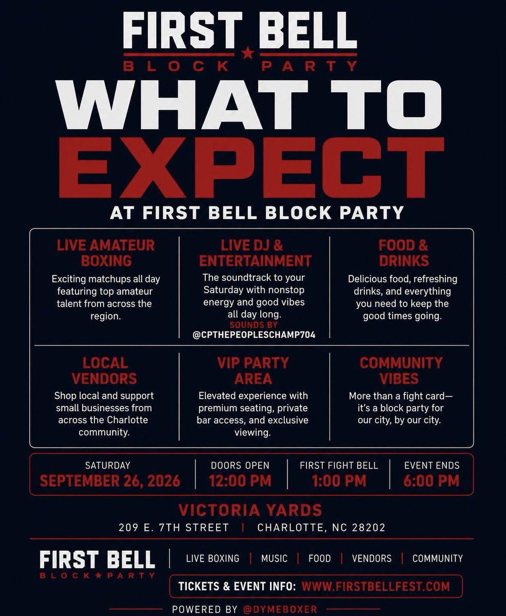 JcantBstopped's tweet photo. CHARLOTTE NC, You don’t want to miss this! September 26th Dyme Boxing presents to you “First Bell”. A day party from 12-6PM in Uptown Charlotte with live boxing, music, food, drinks and more!! https://t.co/iPu5B0jhlc #charlotte #dayparty https://t.co/7XyHlwQRmM