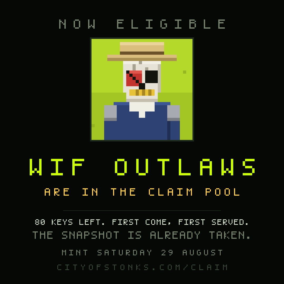 CityOfStonks's tweet photo. Just added the outlaws to the claim pool

Final collection that will be added to the mix

Claim your keys... Or don't - The city will be built either way.

https://t.co/VVqZMwoK3y https://t.co/YiVxdI5TlE