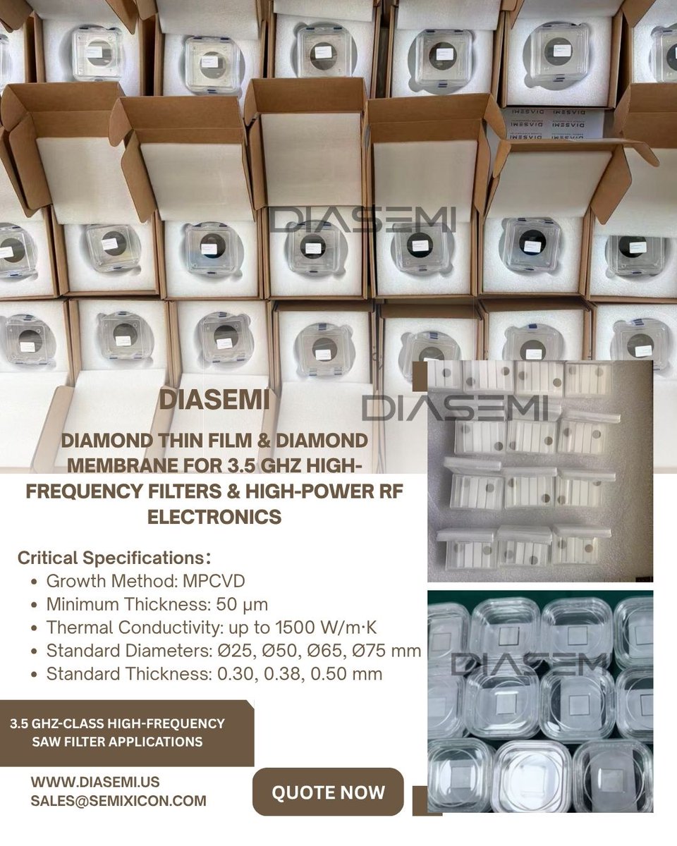 DiamondSemi's tweet photo. DIASEMI Diamond Thin Film/membrane https://t.co/XhKS6LqhHC sales@semixicon.com #DiamondThinFilm #DiamondMembrane #DiamondWafer #DiamondSubstrate #DiamondSAW #SAWFilter #HighFrequencyFilter #RFFilter #35GHz #3p5GHz #HighFrequencyRF #RFFrontEnd #RFDevices #MicrowaveElectronics #5G https://t.co/aV7O7f8ye9