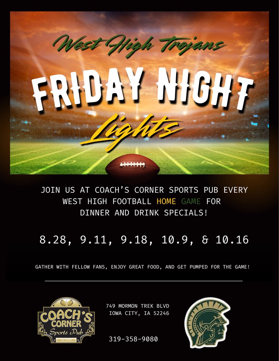 ICWestFB's tweet photo. It’s West High Football game week!… and what better way to spend a Friday night under the lights than getting out with the Trojan community.

Join us at Coach’s Corner Sports Pub every home game for food, specials, fun. A great sponsor of our West High program!

#2026HereWeGo https://t.co/1zcmHsb8OT