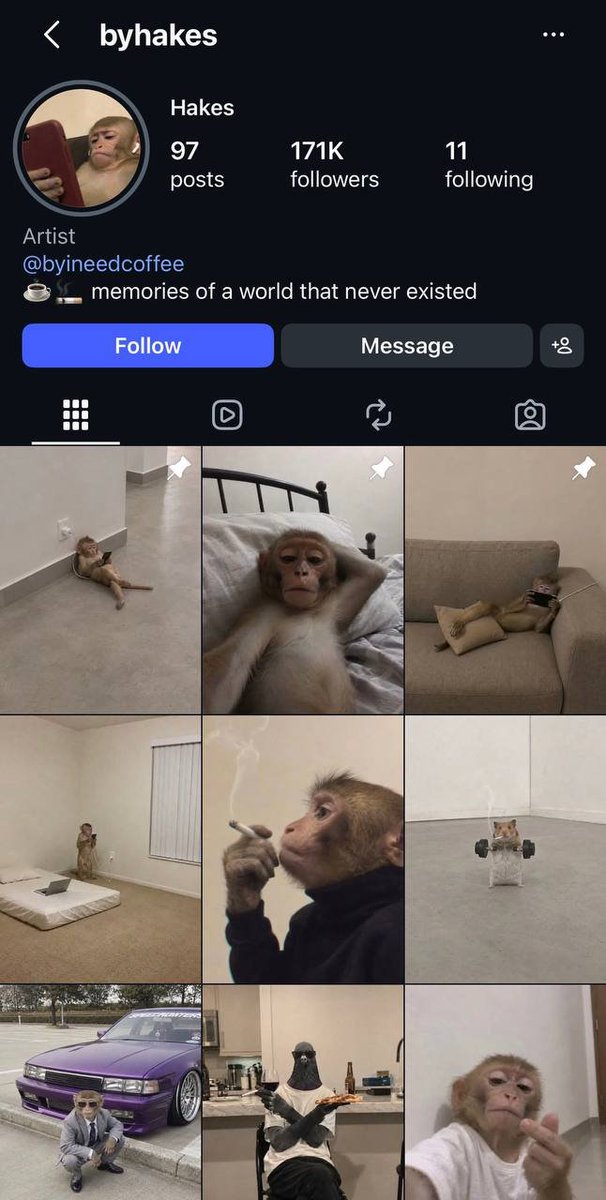 Infinitidigits's tweet photo. I found the creator behind these viral monkey memes.

His name is Hakes. He’s an AI artist and meme creator, and his memes have reached tens of millions of views and likes on Instagram.

IG: https://t.co/d13tGMMmG9

I’m going to onboard him.

once i reach him, I'll redirect fees to him