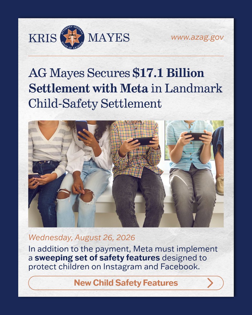 arizonaago's tweet photo. Today's settlement, secured by @AZAGMayes, includes groundbreaking changes to Instagram and Facebook that are more significant and comprehensive than previously ordered by any court.

More info on the settlement: https://t.co/Qw2HcqYgdf https://t.co/LdqZBFd3SX