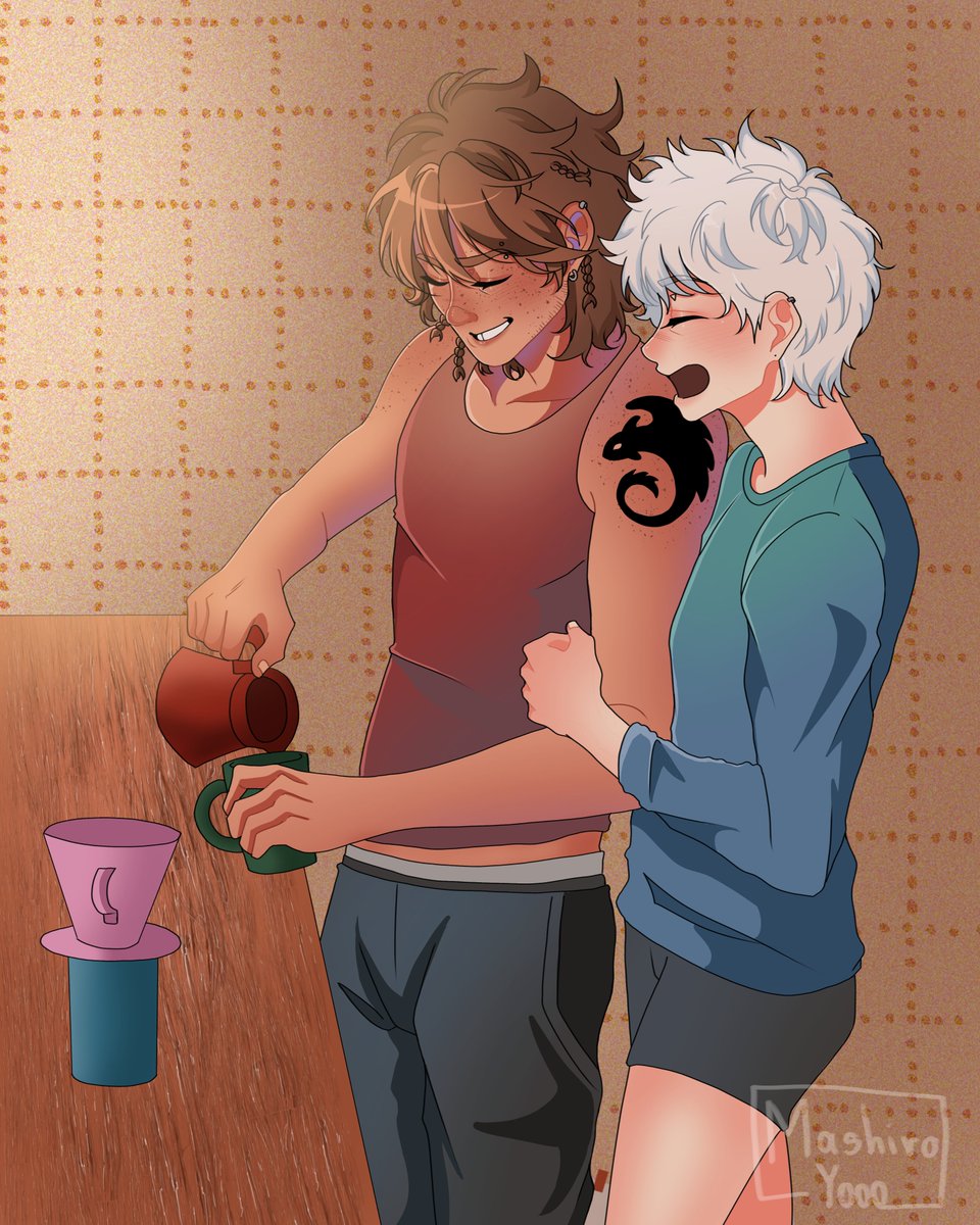 mashiroyooo's tweet photo. Couple's routine~ There’s nothing like waking up to a hot cup of coffee and your love by your side.

#hijack #frostcup #hiccup #jackfrost #httyd #rotg https://t.co/1FcllJfvtB