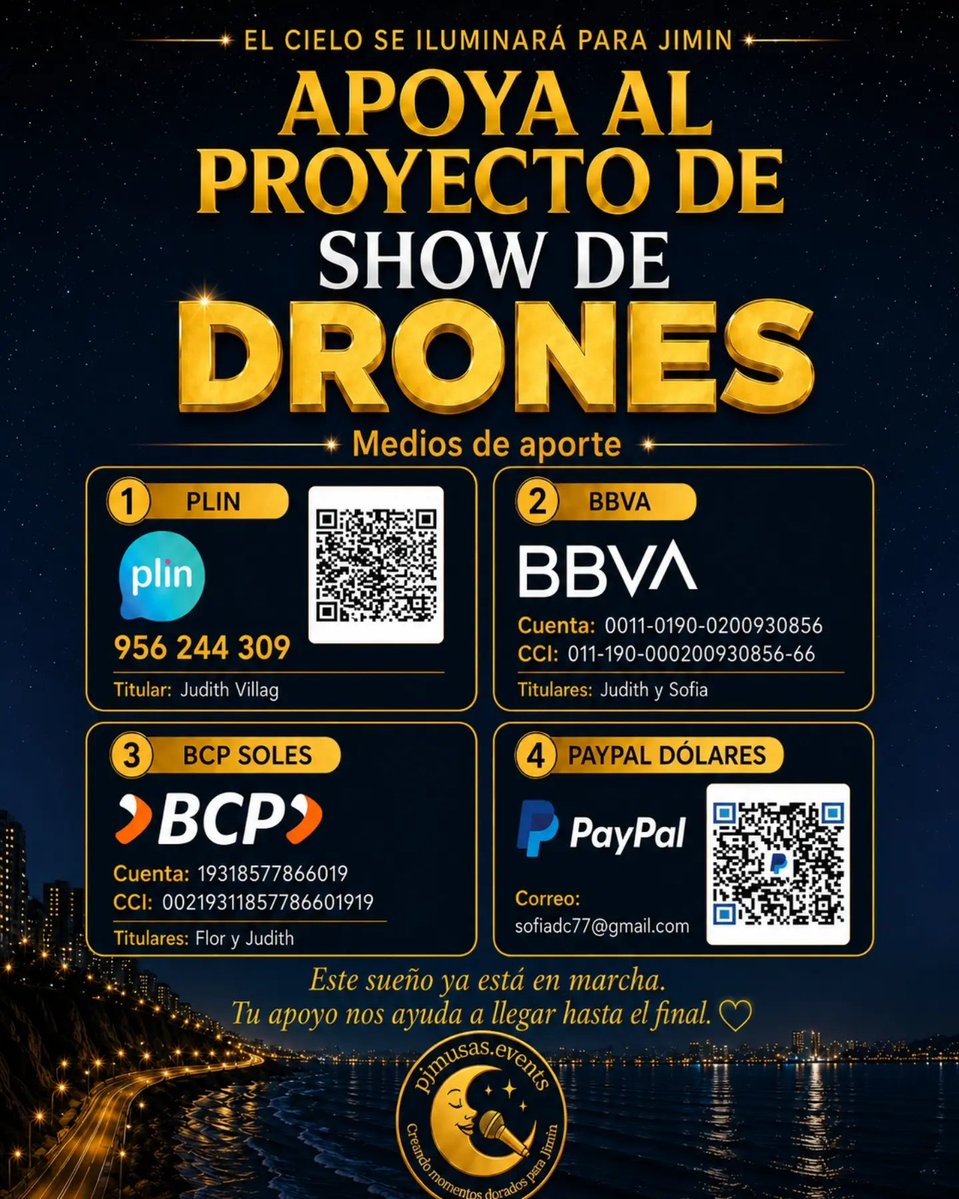 Pjmusas_Events's tweet photo. 🔊Actualizaciónnnnnn ! 😭👇🏼

El cielo de Lima está listo para celebrar a nuestro Jimin. El proyecto está firmado y  encaminado 📝
 Ayúdanos alcanzar el 100% de la recaudación💸
Hagamos magia juntos!💛🌍🌎🌏

📅 09 Oct 2026 (Medianoche Jueves 8)
📍 Costa Verde, Lima https://t.co/U4eNU369is