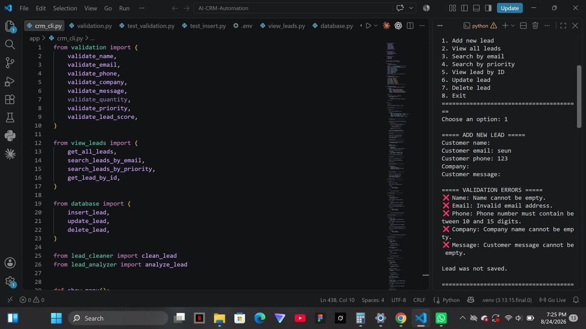 CtrlSEUN's tweet photo. 🚀 Day 9 — AI CRM Automation

Integrated validation into the CRM.

✅ Block invalid leads
✅ Validate before AI &amp; database
✅ Tested full pipeline

Workflow: Raw Lead → Validation → AI → Database → CRM
#Python #AI #CRM #Automation #BuildInPublic #100DaysOfCode https://t.co/LgtKuMI20H