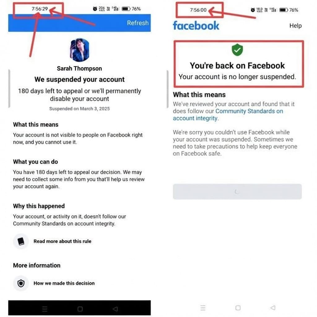 Bytesentinel01's tweet photo. Facebook account suspended → restored in the same minute.
Left (7:56:29): “We suspended your account… 180 days left to appeal��
Right (7:56:00): “You’re back on Facebook. Your account is no longer suspended.” Green check, no appeal needed..#AccountRecovery #TechRecovery https://t.co/zKBsaJ9r4A