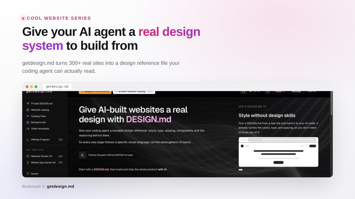 dylandgtl's tweet photo. Cool Website Series #007

https://t.co/u8nqph9Ozn

Most AI generated websites look the same because the AI has no real design reference to work from.

getdesign.md fixes that.

It turns 300+ real websites, think BMW, Airbnb, Dell, HP, into a design system file your coding agent can actually read: colors, type, spacing, and the reasoning behind them.

Drop it into your project and your AI stops guessing and starts building in an actual design language.