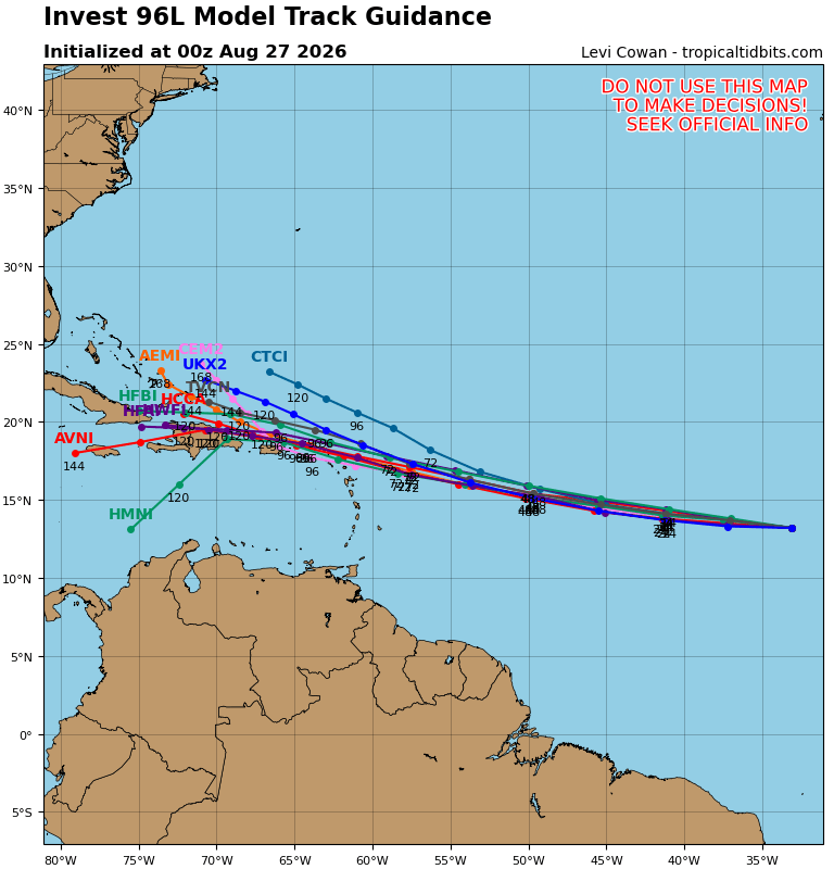 FloridaTropics1's tweet photo. Here are the 0z spaghetti models for #96L. We will see what is left when it arrives in the SW Atlantic (remember those people saying it was a fish 😆) https://t.co/QkuLFKcbMC