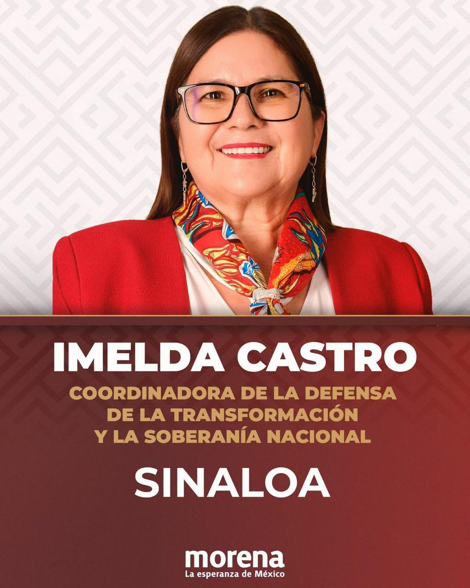 josejaimems's tweet photo. Muchas felicidades compañera @imeldacastro por ser elegida como la  Coordinadora de la Defensa de la Transformación y la Soberanía Nacional en nuestro estado❤️🫡
Le deseo el mayor de los éxitos en encabezar este movimiento transformador en Sinaloa. No cabe duda de que con su trayectoria y experiencia en territorio seguirá el legado humanista🙌🏾.