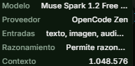 Luksfay's tweet photo. Hace unos dias DeepSeek se habia salido de los proveedores gratuitos de OpenCode para programar, cual estuve reemplazando por MuseSpark que acabo de buscar y es de Meta..., tenia varios meses pero no sabia que ese era su nombre https://t.co/cG1oodBBVA