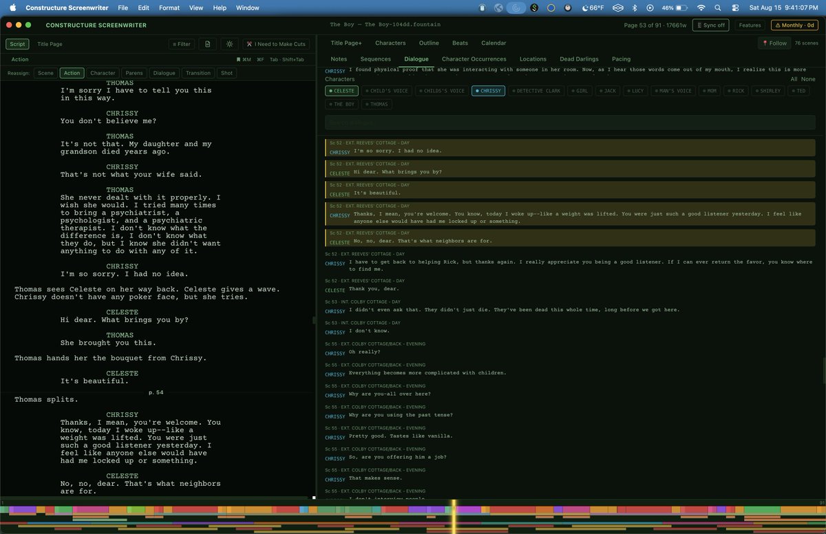 ConstructureSW's tweet photo. The Dialogue Panel gives you what actors have always had: sides. Isolate one character to hear her alone, or two to read the relationship: who asks, who interrupts. Catch "they all sound the same" in seconds.

#screenwriting https://t.co/fFOHgPqBX6 #screenwriter #screenplay https://t.co/Fpl75CDlEr