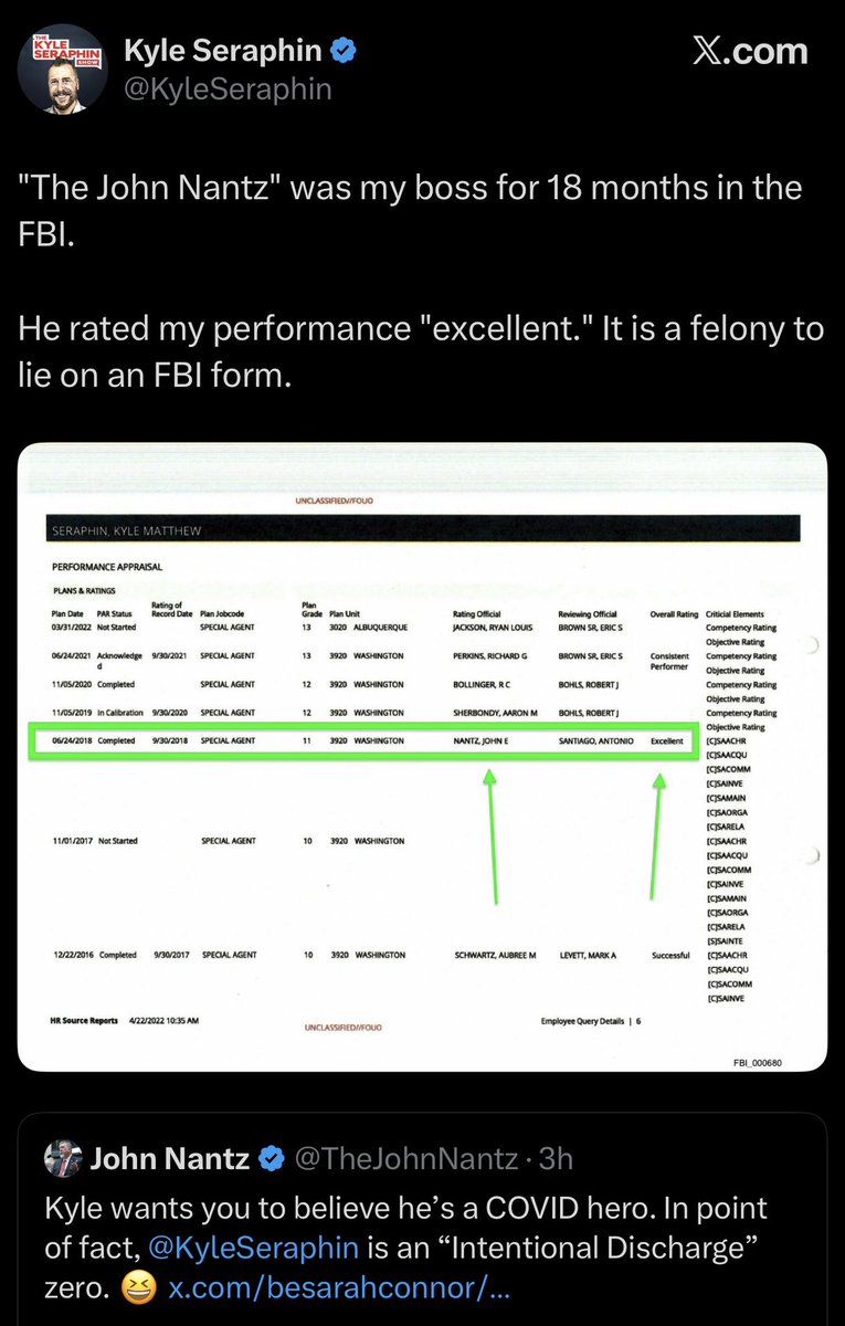 TheJohnNantz's tweet photo. Thank you @KyleSeraphin for opening the door to your PARs! You’re the gift that keeps on giving. Indeed you were rated “Excellent” in 2018 — “Excellent” at sitting in a car, taking the occasional picture, and jotting down a few notes. That’s the skill set for which you received a rating. As an actual agent…not so much as evidenced by the precipitous decline in your PAR by 2021 to “Consistent Performer.” That’s FBI parlance for barely satisfactory. Like I said — a Zero. Wanna publicly get into your drop file and counseling sessions too? 🫠