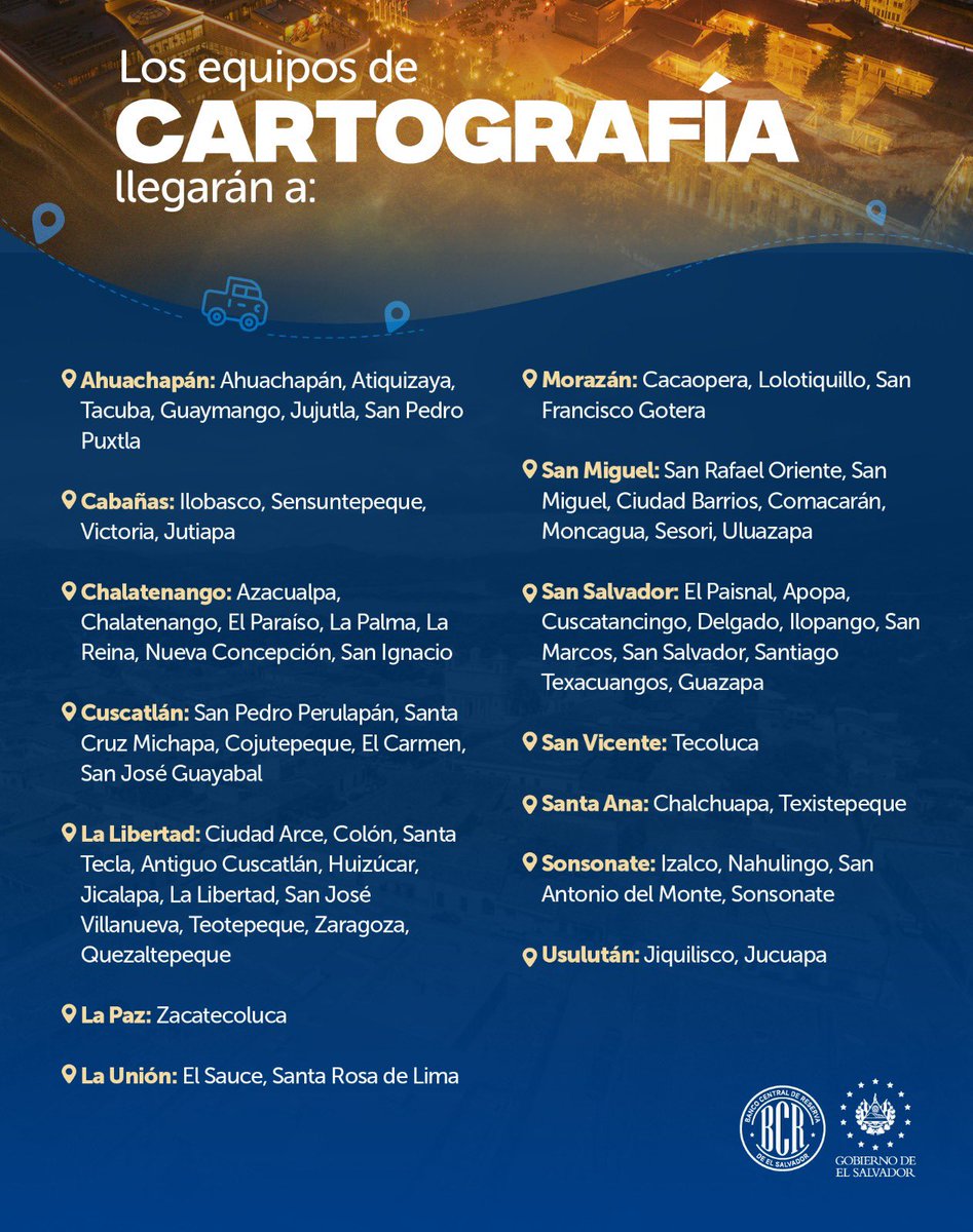 bcr_sv's tweet photo. Esta semana, nuestros equipos de cartografía para la encuesta de Hogares de Propósitos Múltiples, llegarán a estos lugares del territorio nacional 📍 https://t.co/FIBpLToN4V