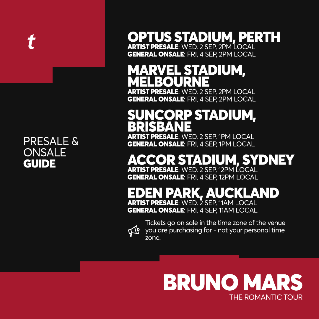 Ticketmaster_NZ's tweet photo. Catch @brunomars on The Romantic Tour in Australia and New Zealand.

⏰ Sign up to join the Artist Presale by Mon 31 Aug, 1:59am NZST.

Here’s what to know so you’re ready when tickets drop. ⬇️

(Links to Artist Presale Sign-Up Page) 🎫: https://t.co/wcxpmACjfm https://t.co/aS556Vj3D5
