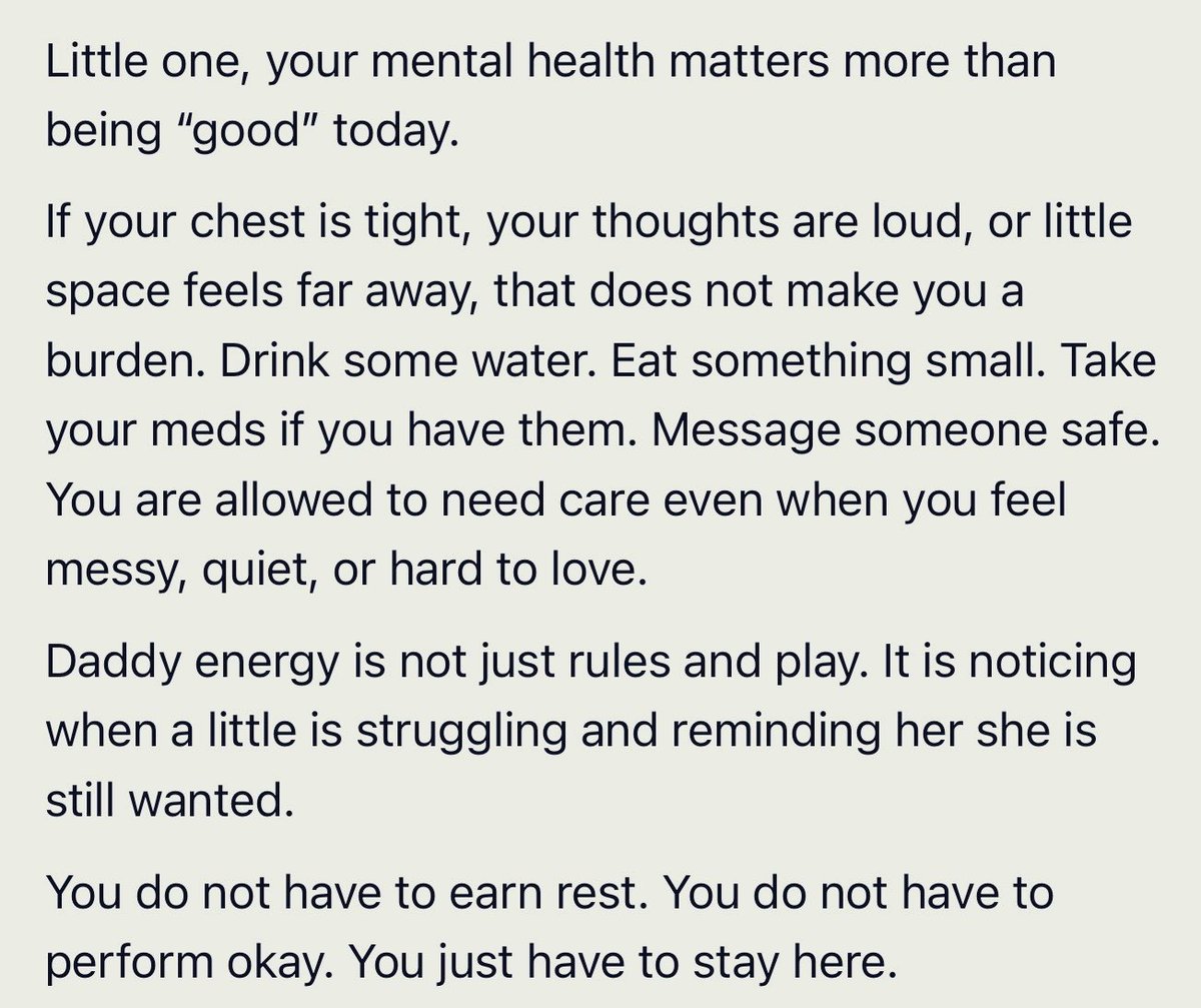 daddydomstl1979's tweet photo. You do not have to earn rest. You do not have to perform okay. You just have to stay here.
#LittleSpace #Littles #MentalHealth #CGLcommunity #YouAreNotAlone https://t.co/EsFpX8MhNE
