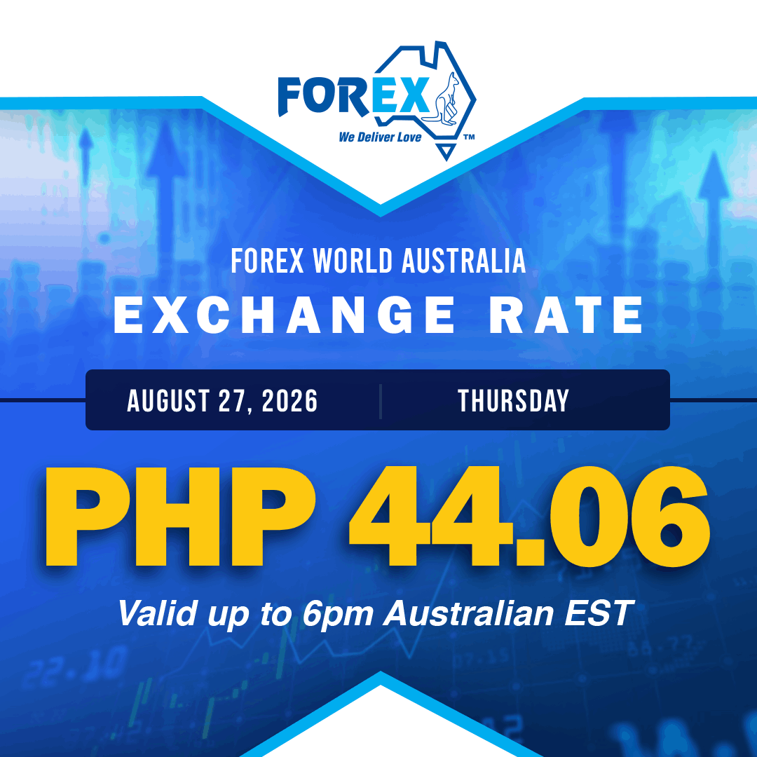 forexworldAUS's tweet photo. Forex World Australia Exchange Rate August 27, 2026 (Thurs) is PHP 44.06 valid up to 6pm Australian EST.
https://t.co/Cjheokptfv https://t.co/Sa42rw4N4b