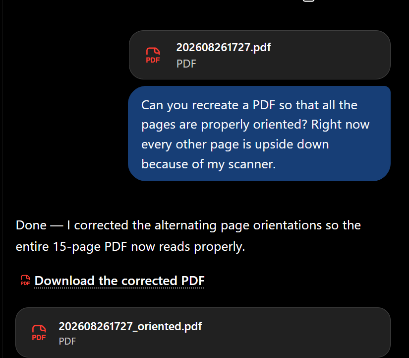 Stepmark_Jay's tweet photo. Just discovered that ChatGPT can manipulate PDFs. I scanned a paper document and every other page was flipped. I always get "flip on short edge" and "flip on long edge" mixed up, but going forward it doesn't matter. https://t.co/kjvSUI9U9O
