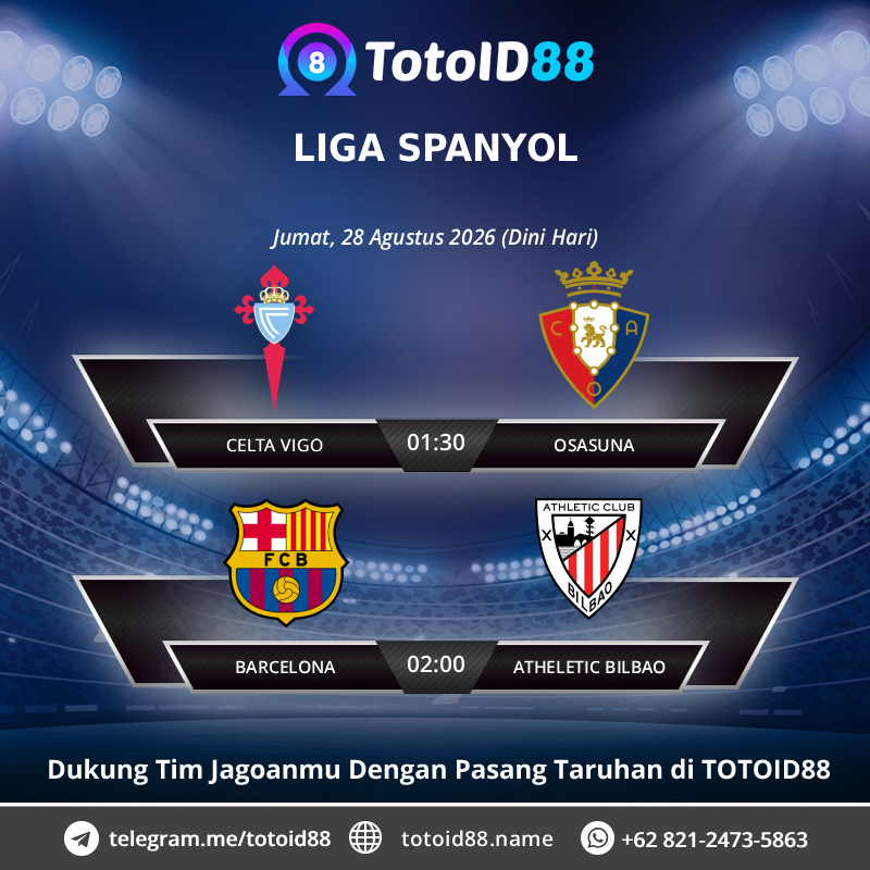 totoid88update's tweet photo. 🔰 S P O R T B O O K 🔰

Jumat, 28 Agustus 2026 (Dini Hari)

⚽️ LIGA SPANYOL https://t.co/PRanmis38U
