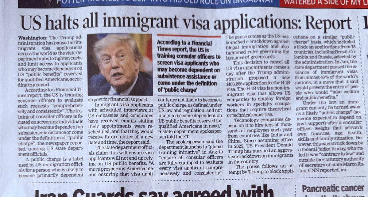iamrakeshbansal's tweet photo. US Halts All Immigrant Visa Applications
The Trump administration has paused all immigrant visa applications worldwide to tighten screening.
Consular officers are being trained to reject applicants who may become a “public charge” — people likely to depend on US government benefits.
Scheduled embassy interviews have been postponed. The move comes a day after a proposed $1.03 lakh H-1B fee and amid a wider crackdown on immigration.
https://t.co/yyVlVGZPDl