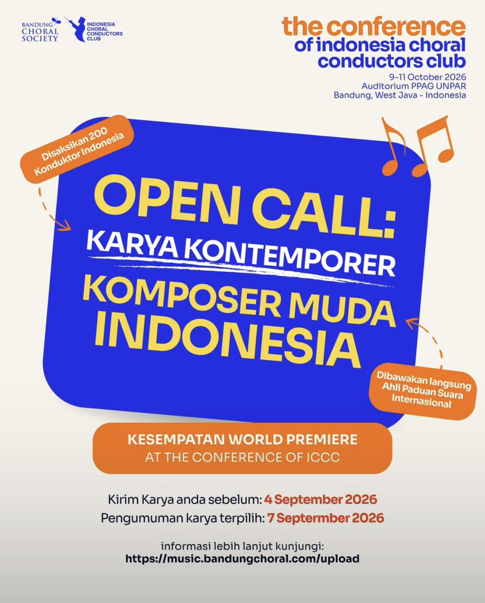 dorybernafas's tweet photo. Ada kesempatan menarik buat teman-teman komposer muda Indonesia 👀
Kalau punya karya paduan suara kontemporer yang belum pernah dibawakan di panggung internasional, boleh banget coba submit karya kalian untuk open call ini! https://t.co/7e2Cf9Uy2u