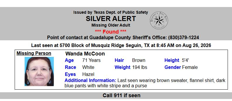 TX_Alerts's tweet photo. DISCONTINUED SILVER ALERT for Wanda McCoon from Seguin, TX, on 08/26/2026. https://t.co/NzLCJVE4XD